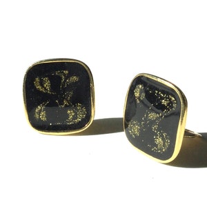 Vintage Enameled Gold and Black Clip On Earrings