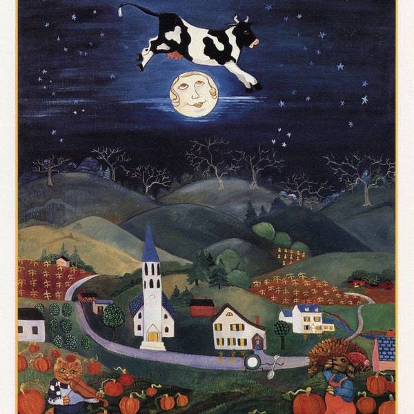 Primitive Art, Nursery Rhyme, The Cow Jumped Over the Moon, Blank Greeting Card
