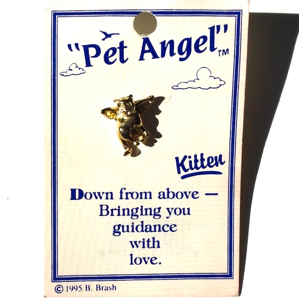 Vintage Pet Angel Kitten Lapel Pin, Guardian Angel Cat Pin