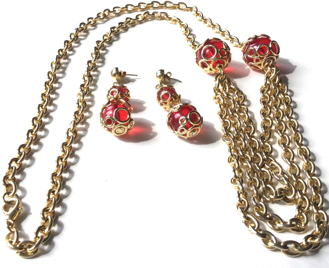 Vintage Bright Red and Gold Necklace and Earring Set Etsy
