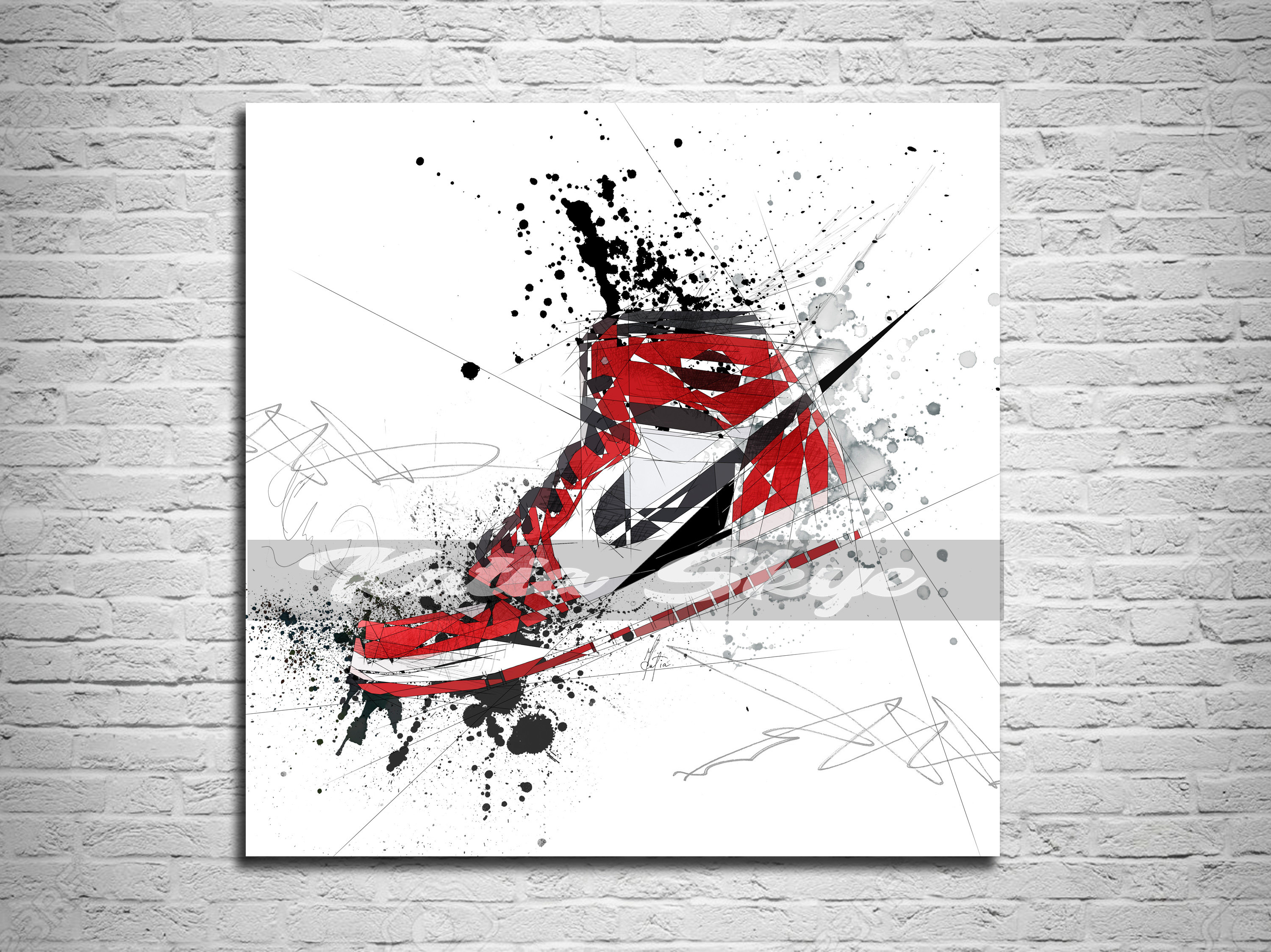 Canvas Print Basketball Shoes Art Print, Sports Illustration Poster, Air Jordans Red Contemporary Abstract Watercolor Modern Art Snk-Aj02