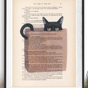 Black cat Print, cat in paper bag, French design, black and white, black cat poster Art Print on recycled french book page