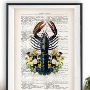 Impresión artística de langosta, pensamiento, flores botánicas vintage, página de libro francés, arte de pared, póster colgante, pintura retro, dibujo, regalo especial