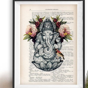 Retro Ganesha Peony Botanical Flowers Yoga poster Meditating Buddha Zen Wall Art Retro Vintage Book Dictionary Art Print Artwork