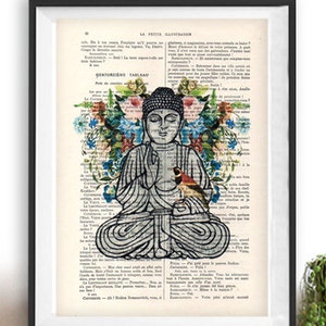Affiche de yoga rétro bouddha oiseau fleurs botaniques bouddha méditant zen art mural livre dictionnaire dictionnaire art impression oeuvre affiche impression