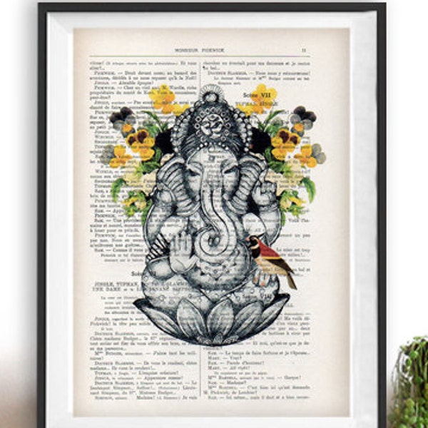 Retro Ganesha Bird Pansy Botanical Flowers Yoga poster Meditating Buddha Zen Wall Art Vintage Book Ganesh Art Print Artwork Poster Print