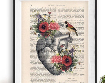 Heart Flower Anatomy Print, Human, Anatomy art, love, science wall decor, art print, vintage drawing, book art, Bird, gift for her, wall art