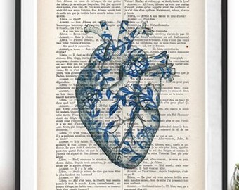 Vintage Heart Anatomy, Blue White Porcelain Print, dark art drawing, wall art, day of the death, artworks,pop art poster, Christmas gift