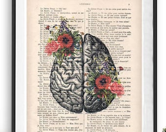 Brain Art Print on 1900 vintage page botanical flowers posters drawing Human Anatomy Illustration wall art Halloween get well gift drawing