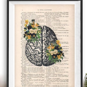 Brain Art Print on 1900 vintage page botanical flowers posters drawing Human Anatomy Illustration wall art Halloween get well gift drawing