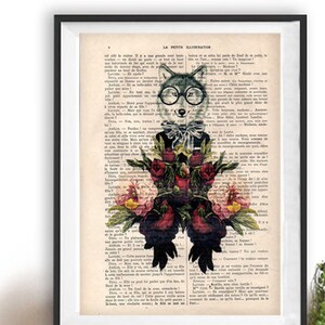 Art Print Fox with peony botanical flower poster, Dictionary Print, Gift poster, Art Print, Home Wall decor, shabby chic, cute animal art
