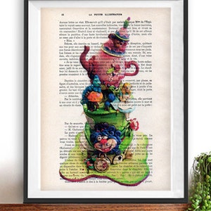 Alice in Wonderland print Rabbit whimsical art wall decor 1900 french book pages vintage poster illustration Christmas teenager fantasy