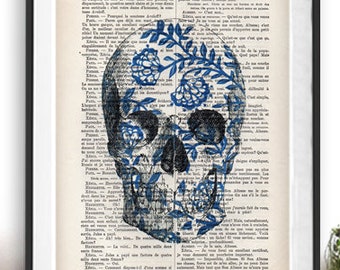 Tête de mort bleu blanc anatomie, impression de tête vintage, dessin, art mural, art graphique sombre, jour de la mort, pop art vintage, affiche, cadeau de Noël