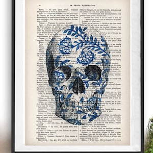 Skull Blue White Anatomy, Vintage Head Print, drawing, wall art, dark graphic art, day of the death, vintage pop art, poster, Christmas gift image 1