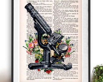 Antique microscope print,cimestry, laboratory, vintage science, flower print, wall art, vintage print on recycled paper, retro art