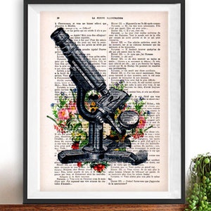 Antique microscope print,cimestry, laboratory, vintage science, flower print, wall art, vintage print on recycled paper, retro art