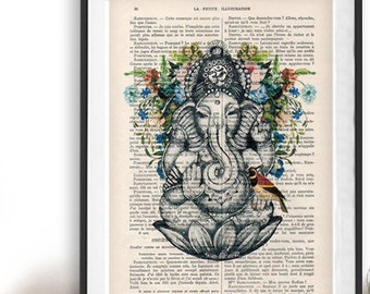 Affiche de yoga rétro ganesha oiseau fleurs botaniques méditant bouddha zen art mural livre dictionnaire dictionnaire art impression oeuvre affiche impression