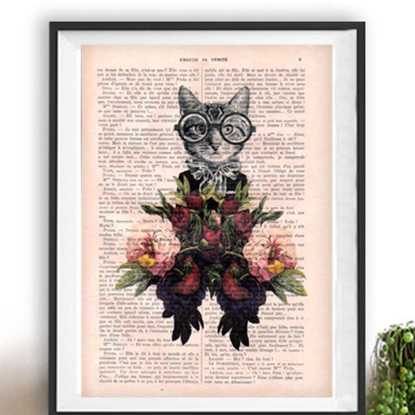 Cat with peony botanical flower poster, Dictionary Print, Gift poster, Art Print,  Home Wall decor, original cat print, shabby chic, cute