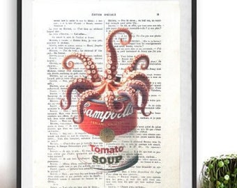 Octopus in Campbell soup can, humour, funny, quirky, wall decor, art print, vintage drawing, book art, Bird, gift for her, wall art