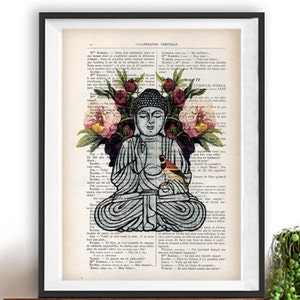 Póster de yoga con diseño de Buda retro, pájaro, peonía, flores botánicas, Buda meditando, arte de pared zen, libro vintage, diccionario, impresión artística, obra de arte, póster impreso
