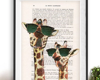 Giraffe print, Giraffe art, wwf, sunglasses, giraffe with sunglasses, vintage paper, giraffe poster, africa, jungle, giraffe illustration