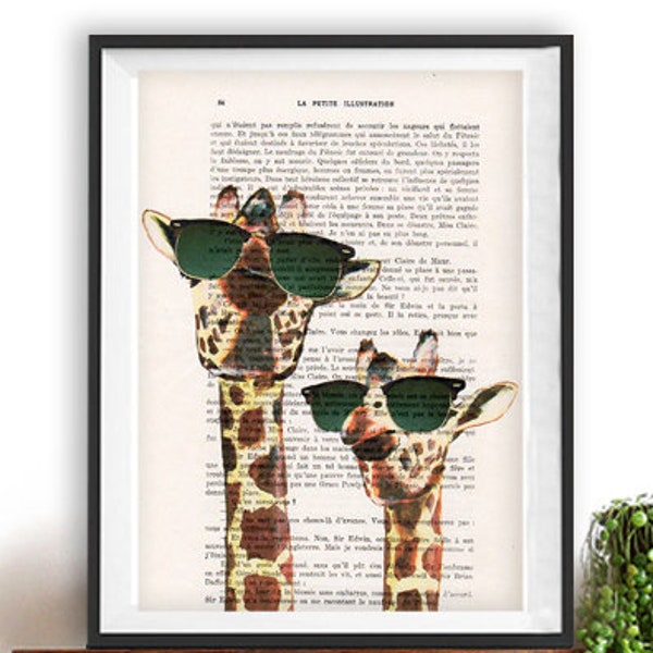 Giraffe, lunettes de soleil, Imprimée d’art, imprimée vintage, papier vintage, œuvre d’art pas cher, enfant déco, art poétique,art abordable