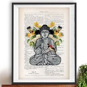 Retro Buddha Bird Pansy Botanical Flowers Yoga poster Meditating Buddha Zen Wall Art Vintage Book Dictionary Art Print Artwork Poster Print