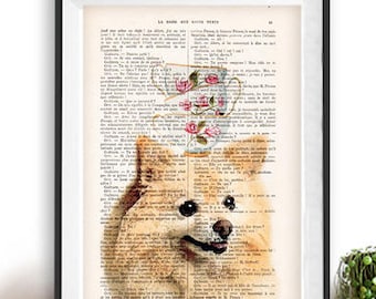 Pomeranian print, stacking teacups, Pomeranian art, Dog Artwork, Pomeranian Art Print, Gift for Him, Red, Office Wall Art, Wall Decor