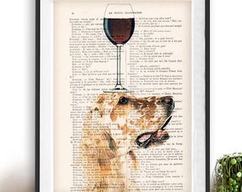 English setter Print, English setter with wine glass, French design, brown and white,setter poster Art Print on recycled french book page