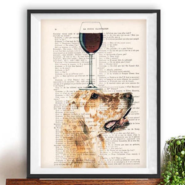 Impression de setter anglais, setter anglais avec verre à vin, design français, marron et blanc, impression d'art poster setter sur une page de livre français recyclée