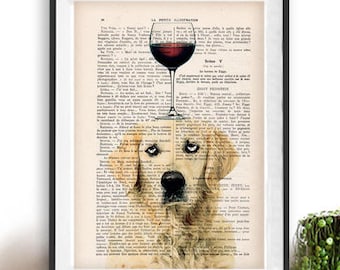 Golden retriever Print, retriever with wine glass, French design, brown and white, retriever poster Art Print on recycled french book page