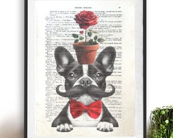 French Bulldog with rose flower, cute funny dog, paris antique print, french vintage,  adorable print,valentine print, heart, love gift