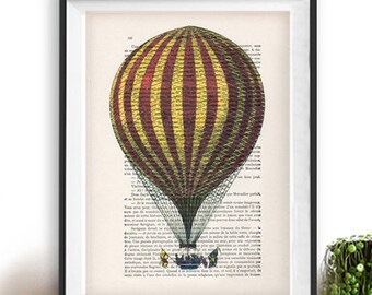 Airballoon print, hot airballoon, vintage paper, airballoon poster, aviation print, airballoon illustration, airballoon drawing