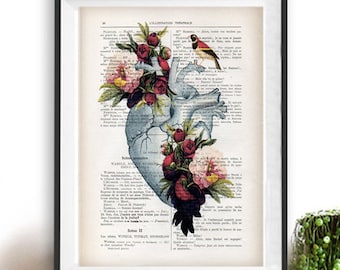 Heart peony Anatomy Botanical Flower vintage drawing book art gothic vintage art print wall art poster decor Halloween gift for him, gothic