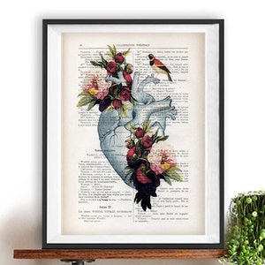 Heart peony Anatomy Botanical Flower vintage drawing book art gothic vintage art print wall art poster decor Halloween gift for him, gothic