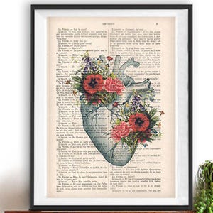 Heart peony Anatomy Botanical Flower vintage drawing book art gothic vintage art print wall art poster decor Halloween gift for him, gothic