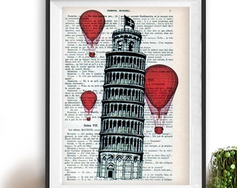 Leaning Pisa Tower Italian Wall Art Hot Air BALLOON Decor International Cities Italy Wall Art Poster Painting Christmas Gift For Him