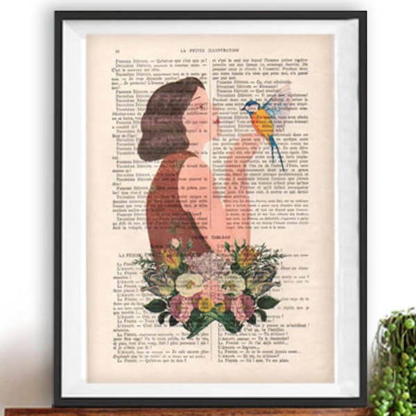 Arte ingenuo Flapper Chica Pájaro Flor Impresión Ilustración Vintage Página Dibujo regalo vintage Ilustración romántica Arte Impresión Pared Arte Decoración de pared