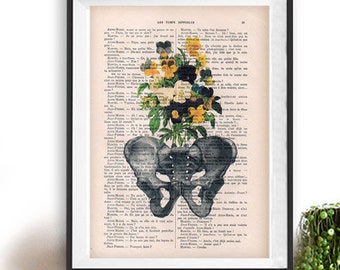 Impression botanique d'anatomie pelvienne pensée sur une page florale vintage 1900, cadeau médecin, illustration de l'anatomie, art de l'anatomie humaine, dessin scientifique, amour