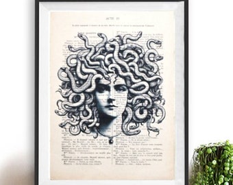 Vintage Woman Print with snakes on hair, medusa, feminist art, art deco, bohemian girl, strong woman, gothic, eccentric, french vintage