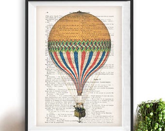 Airballoon print, hot airballoon, vintage paper, airballoon poster, aviation print, airballoon illustration, airballoon drawing