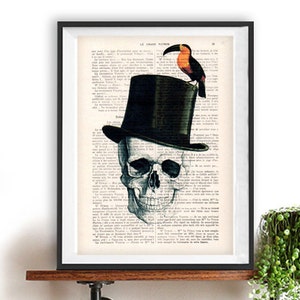 Skull Print, skull illustration, book art, day of the death vintage dictionary art print, wall art, Halloween, gift for him, gothic rose