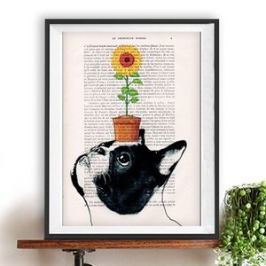 Sunflower Bulldog Print, Bulldog with flower, French design, black and white,bulldog poster Art Print on recycled french book page