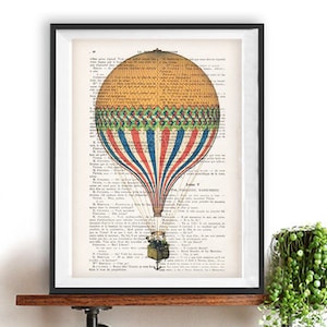 Airballoon print, hot airballoon, vintage paper, airballoon poster, aviation print, airballoon illustration, airballoon drawing