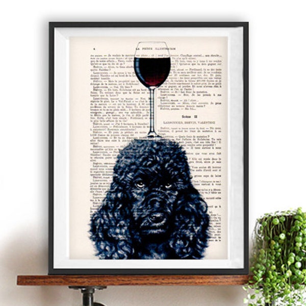 Impression de caniche noir, caniche avec verre à vin, design français, noir et blanc, affiche bouledogue Impression d'art sur une page de livre français recyclée