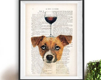 Jack Russel Terrier, JRT, dog with wine glass, French design, black and white,bulldog poster Art Print on recycled french book page