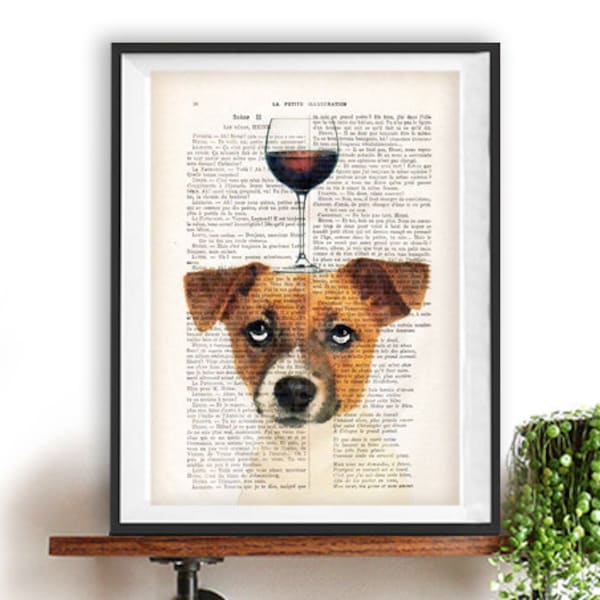 Jack Russel Terrier, JRT, chien avec un verre à vin, design français, noir et blanc, affiche bouledogue Impression d'art sur une page de livre français recyclée