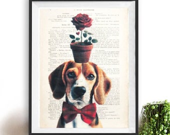 Beagle with rose flower, cute funny dog, paris antique print, french vintage,  adorable print,valentine print, heart, love gift