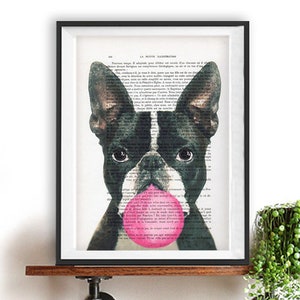 Boston terrier print, boston terrier art, bubblegum, dog with bubblegum, vintage paper, dog poster, dog print, dog illustration, dog drawing