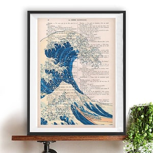 Japanse golfprint, kunstafdruk op woordenboekpagina, kunst aan de muur, woondecoratie. Sealife wave Nautical, Ocean Life-kunstprint, Muurhangende print